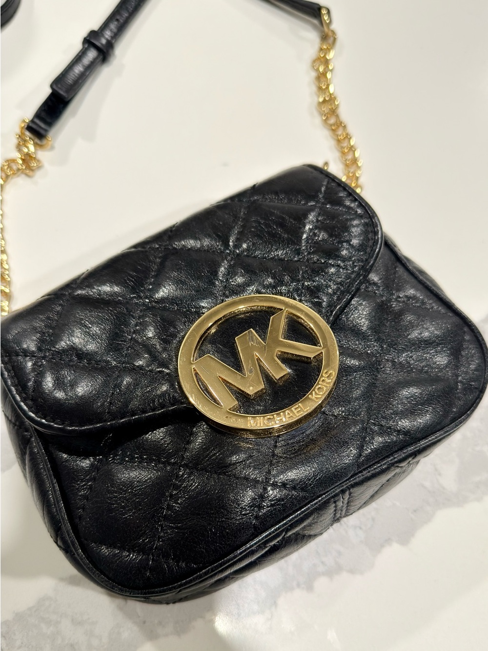 Michael Kors Quilted Black Leather Crossbody Bag with Gold MK Logo
